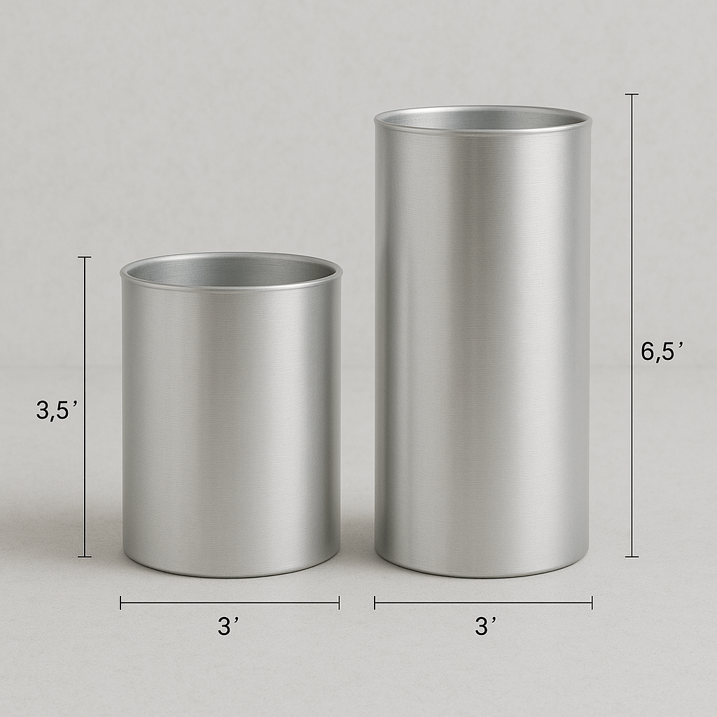 Round pillar candle mold made of seamless aluminum, ideal for beeswax or soy candle making, showing concave top and wick hole