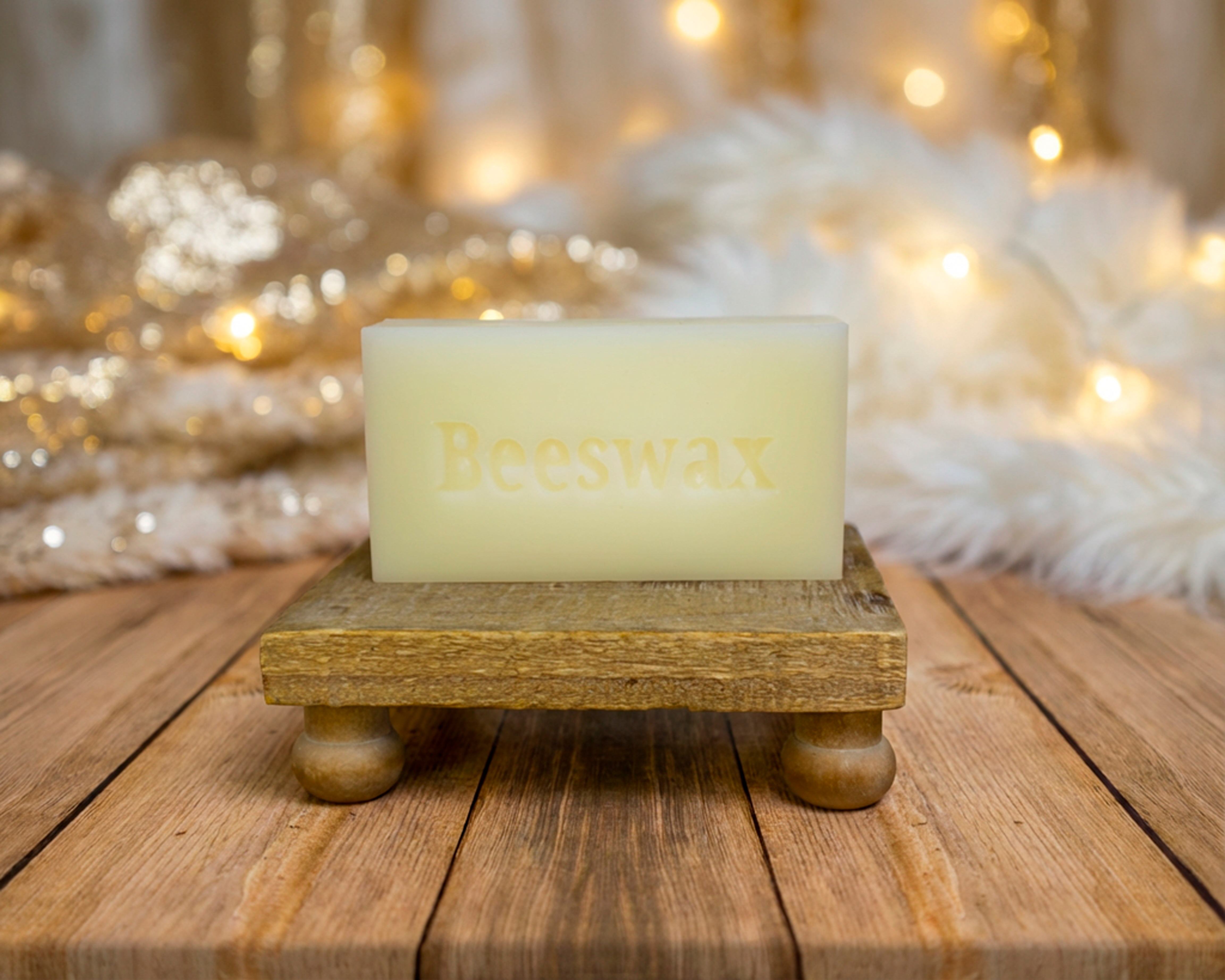 Single 1lb beeswax block on display stand natural filtered beeswax for candle making and crafts
