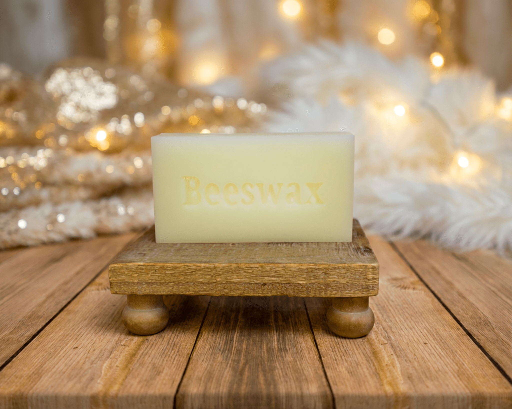 Single 1lb beeswax block on display stand natural filtered beeswax for candle making and crafts