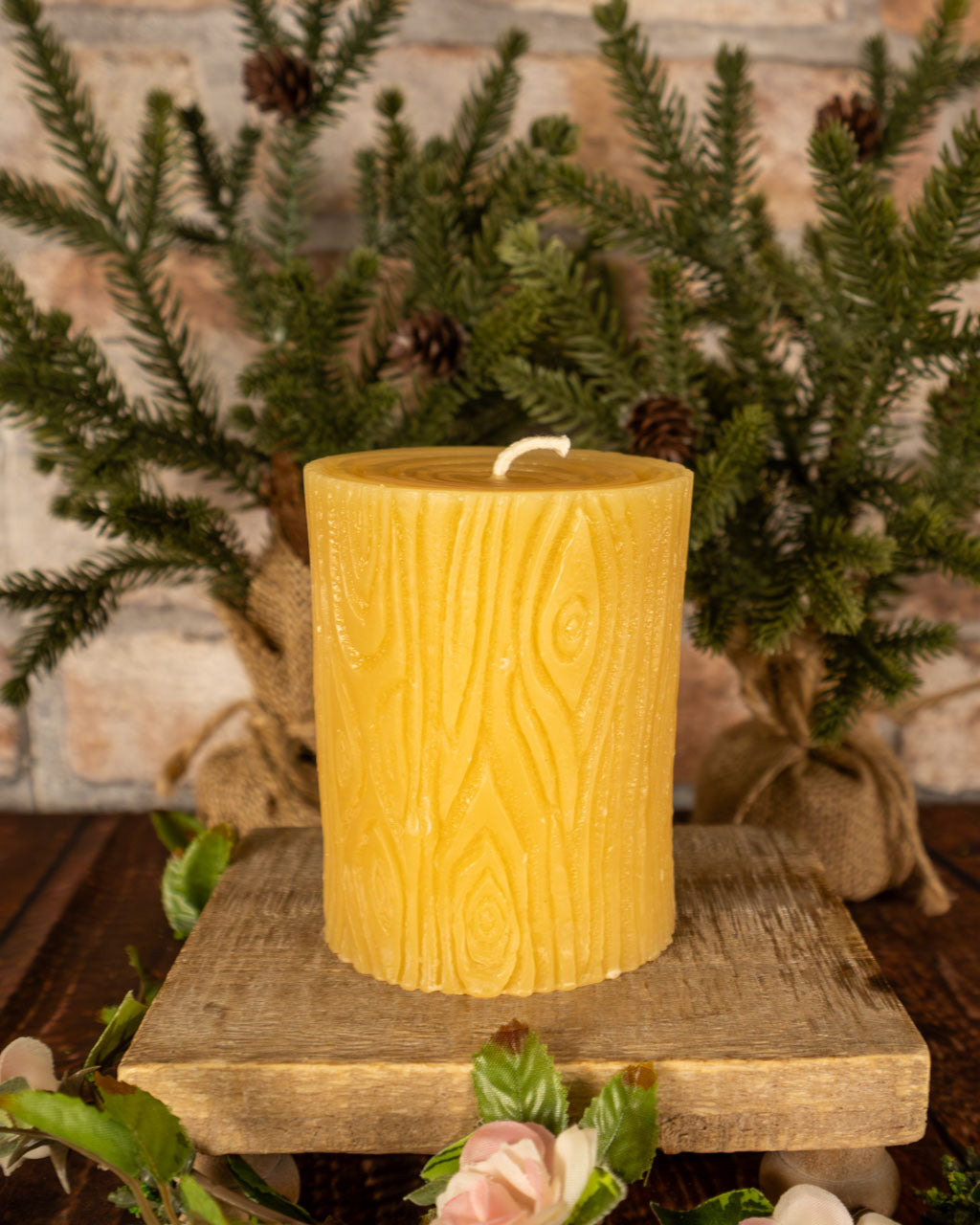 Wood Stump Beeswax Candle β Rustic Pillar Candle