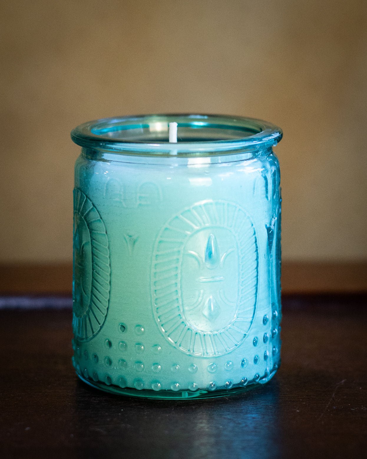 Rustic Blue Glass Beeswax Candle