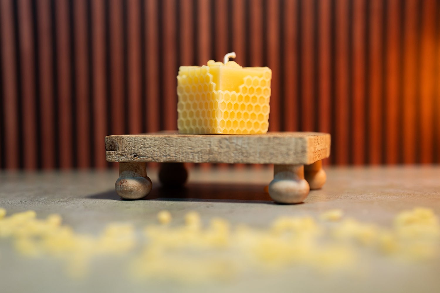 Finished beeswax cube candle created with Hex Bee Mold
