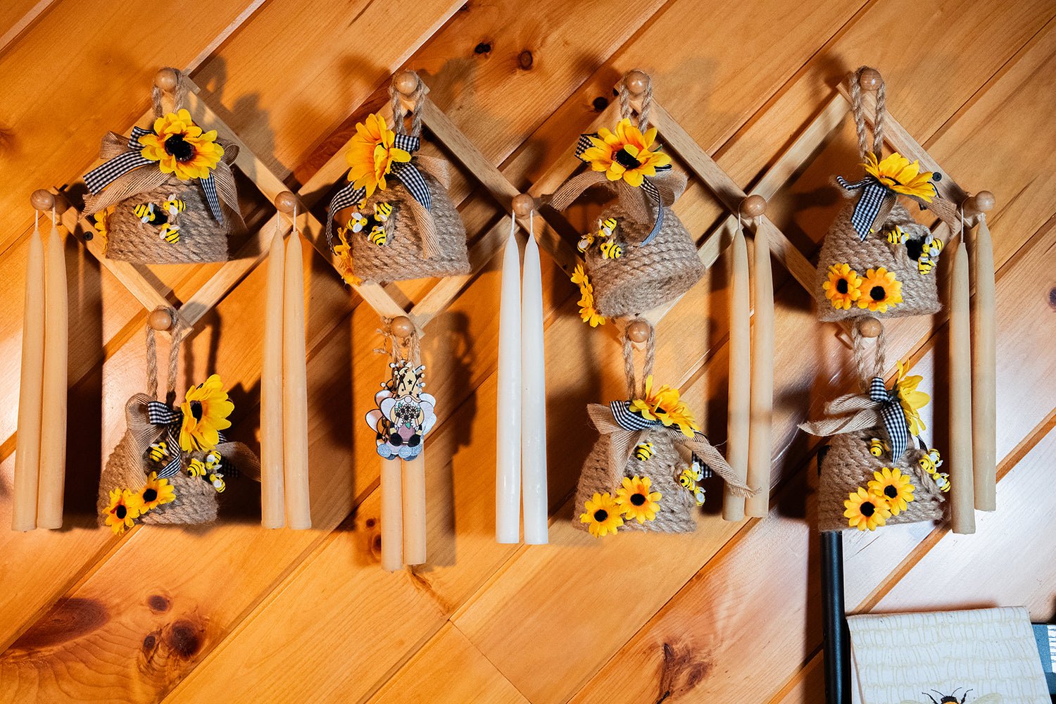 10-inch hand-dipped beeswax taper candles tied with raffia "raffia not included"