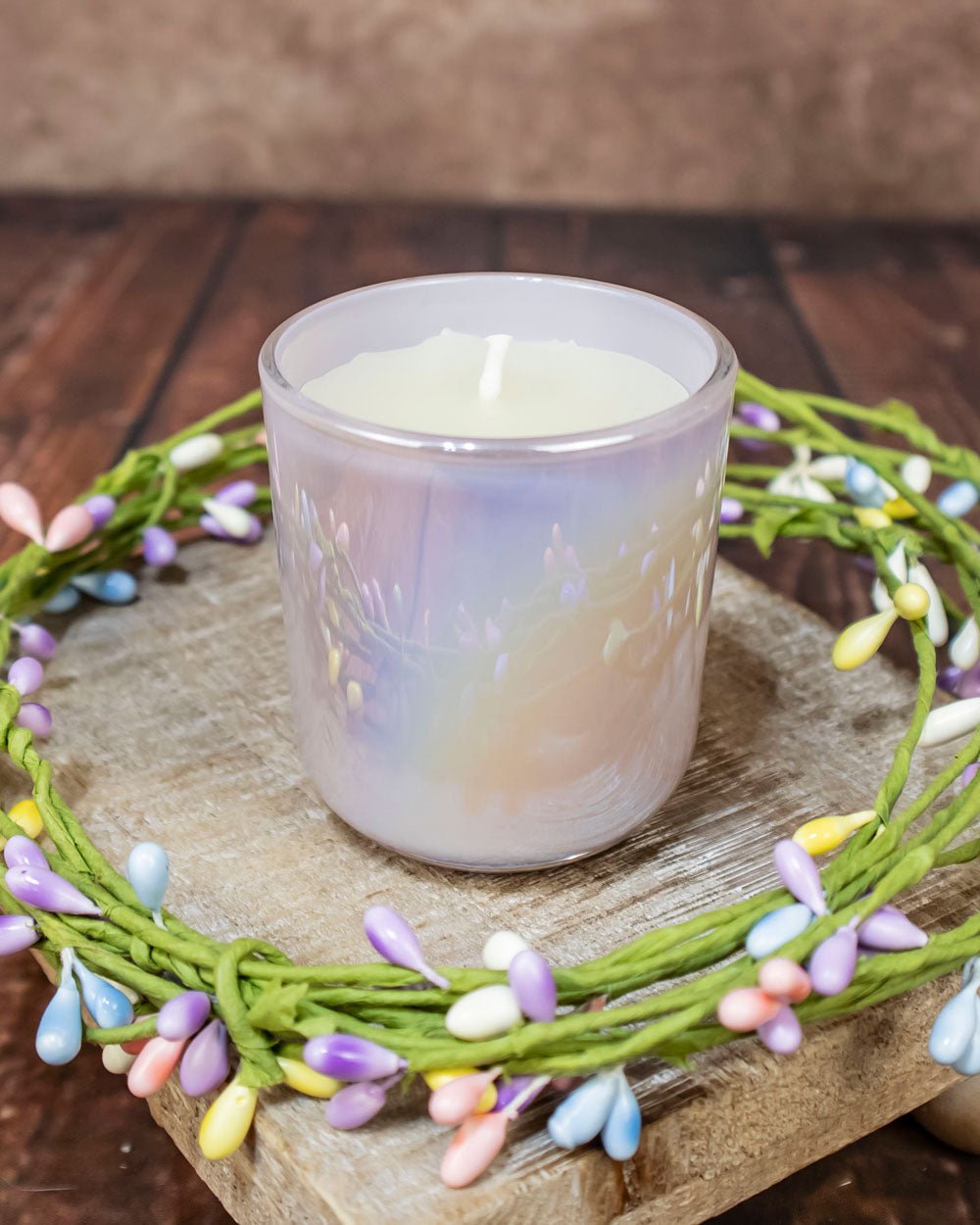 Iridescent Votive and Holder, Ivory Beeswax Votive