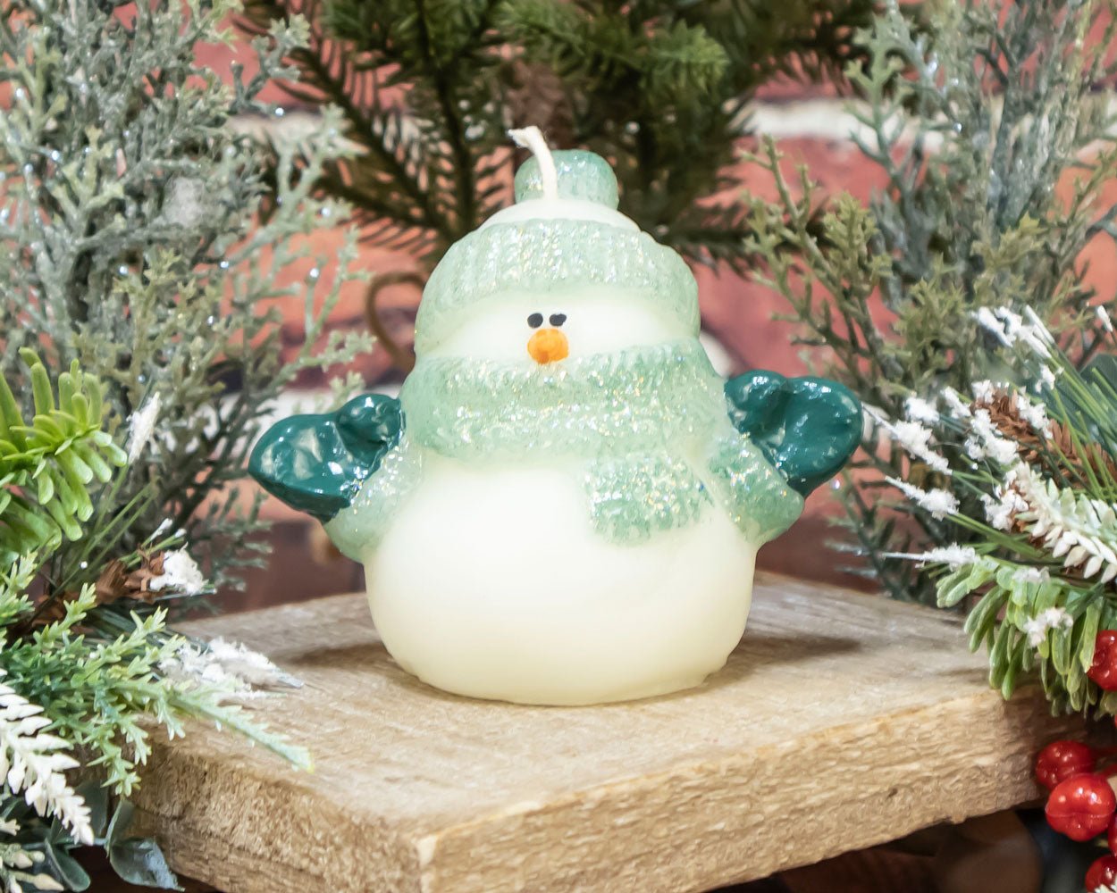 Green-hat hand-painted glitter snowman beeswax candle handcrafted with festive detail
