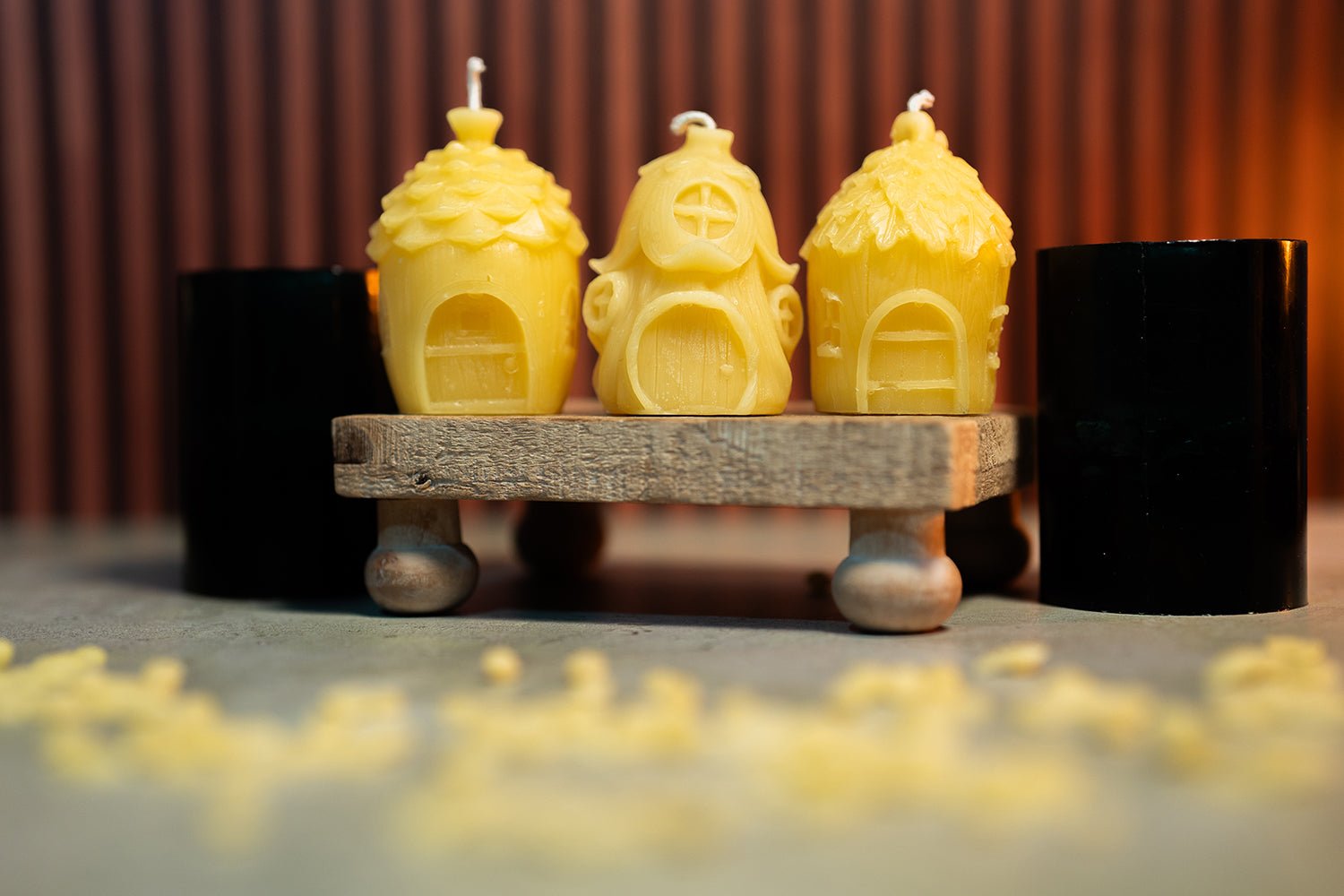 Three Fairy Home beeswax candles made from Beelite Fairy Home Candle Mold set